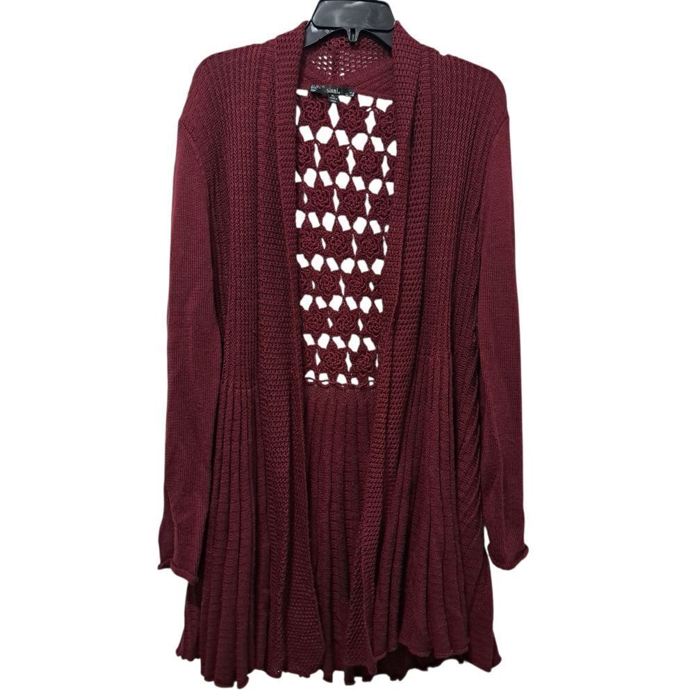 Sioni Wool Blend Open Front Cardigan Floral Crochet Y2K Sweater Burgundy XL